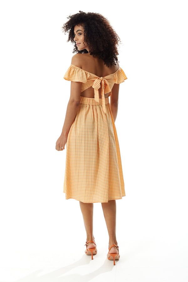 Liquorish Women's Midi Dress With Frill Sleeves In Orange Gingham - Cut Out Back And Tie Detail By Liquorish