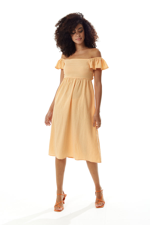 Liquorish Women's Midi Dress with Frill Sleeves in Orange Gingham - Cut Out Back and Tie Detail by Liquorish