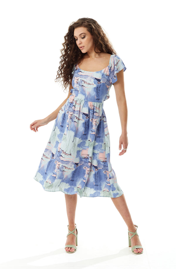 Liquorish Women's Midi Dress With Frill Sleeves In Pastel Tones - Cut Out Back Style By Liquorish