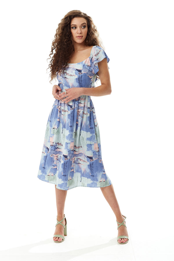 Liquorish Women's Midi Dress with Frill Sleeves in Pastel Tones - Cut Out Back Style by Liquorish