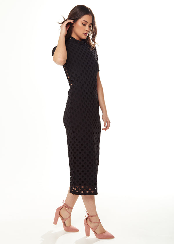 Liquorish Women's Midi Dress With High Neck Short Sleeves Open Back Detail In Black - Liquorish