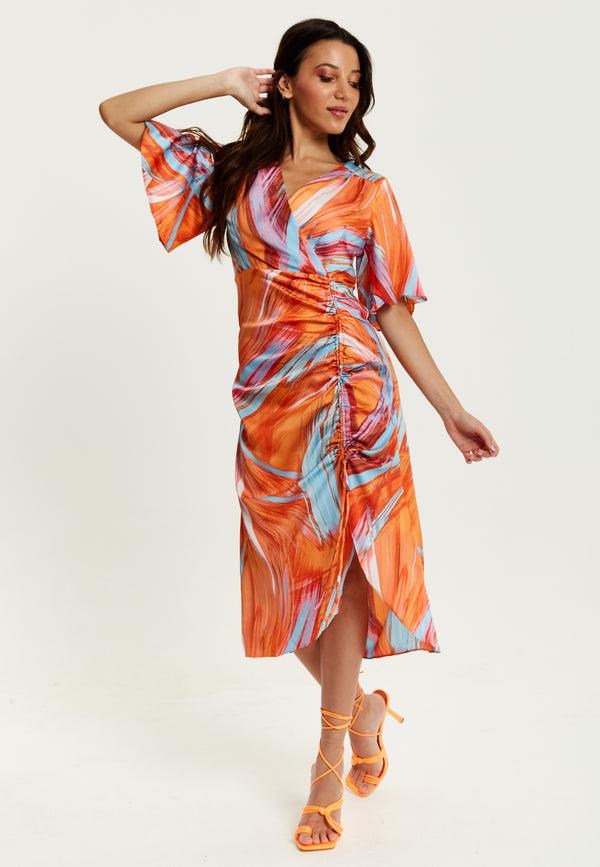 Liquorish Women's Midi Dress With Kimono Sleeves And Abstract Brush Stroke Print In Orange - Liquorish