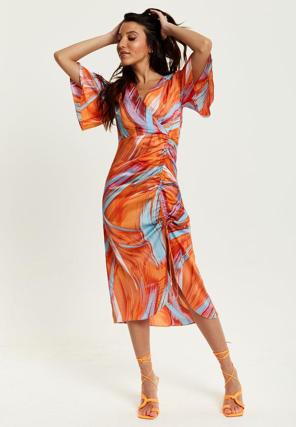 Liquorish Women's Midi Dress With Kimono Sleeves And Abstract Brush Stroke Print In Orange - Liquorish