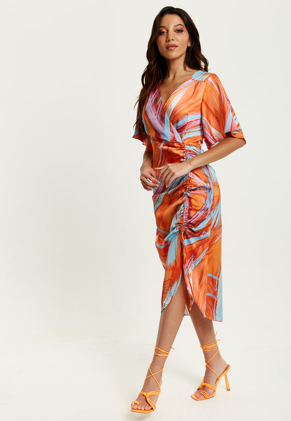Liquorish Women's Midi Dress With Kimono Sleeves And Abstract Brush Stroke Print In Orange - Liquorish