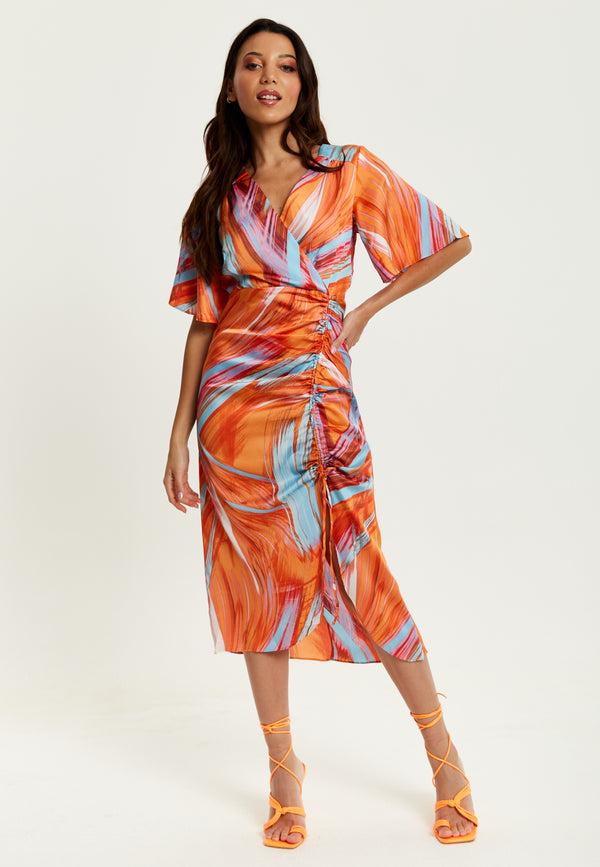 Liquorish Women's Midi Dress with Kimono Sleeves and Abstract Brush Stroke Print in Orange - Liquorish