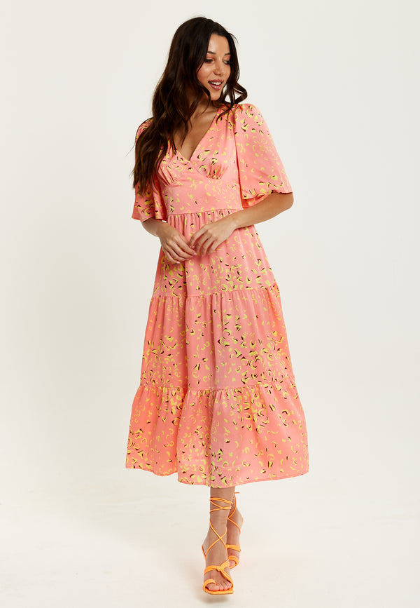 Liquorish Women's Midi Dress With Kimono Sleeves In Peach - Abstract Animal Print By Liquorish
