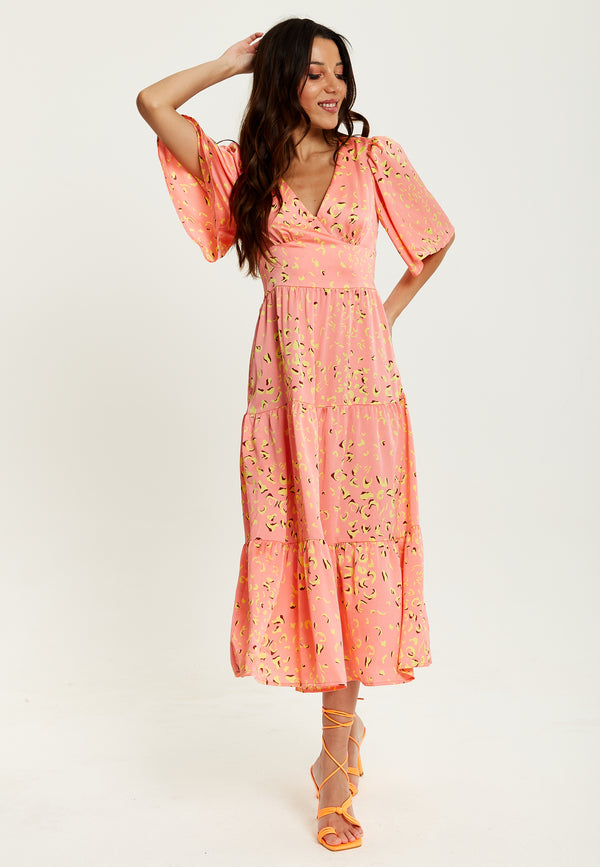 Liquorish Women's Midi Dress With Kimono Sleeves In Peach - Abstract Animal Print By Liquorish