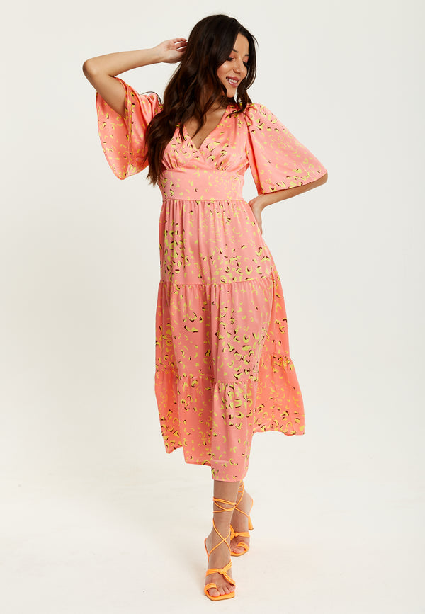 Liquorish Women's Midi Dress With Kimono Sleeves In Peach - Abstract Animal Print By Liquorish