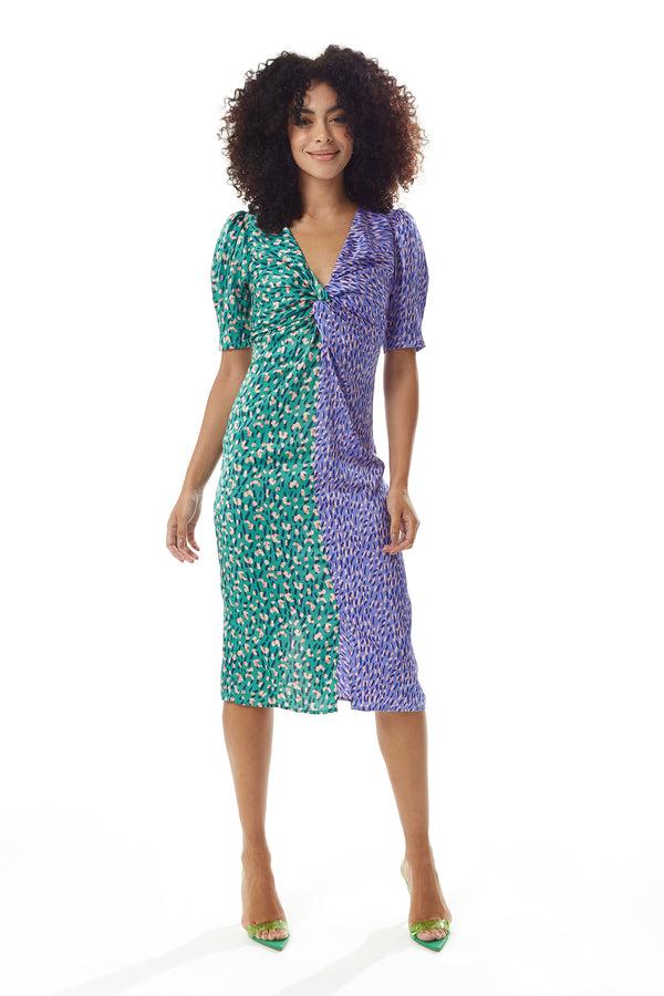 Liquorish Women's Midi Dress with Knot Front and Short Sleeves in Green and Purple Abstract Print - Liquorish