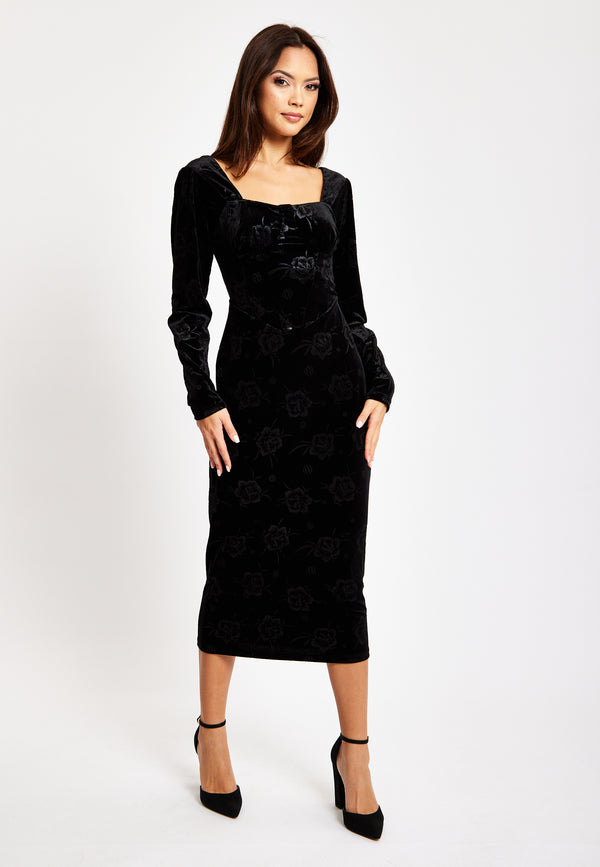 Liquorish Women's Midi Dress With Long Balloon Sleeves In Black Velvet - Corset Detail By Liquorish