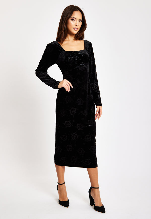 Liquorish Women's Midi Dress With Long Balloon Sleeves In Black Velvet - Corset Detail By Liquorish