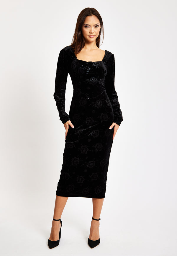 Liquorish Women's Midi Dress With Long Balloon Sleeves In Black Velvet - Corset Detail By Liquorish