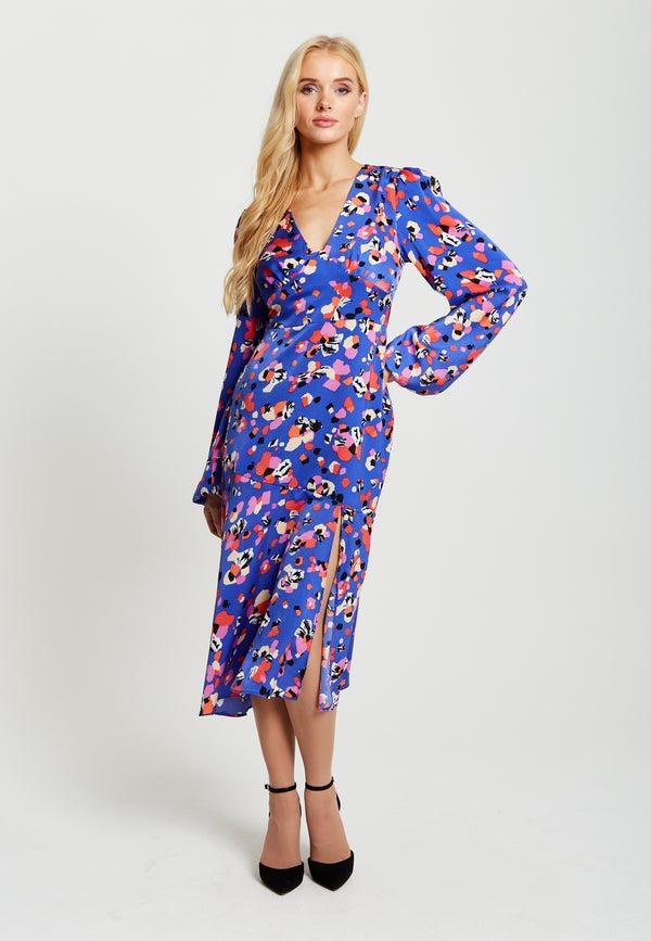 Liquorish Women's Midi Dress with Long Balloon Sleeves in Multicolour Abstract Dot Print - Liquorish