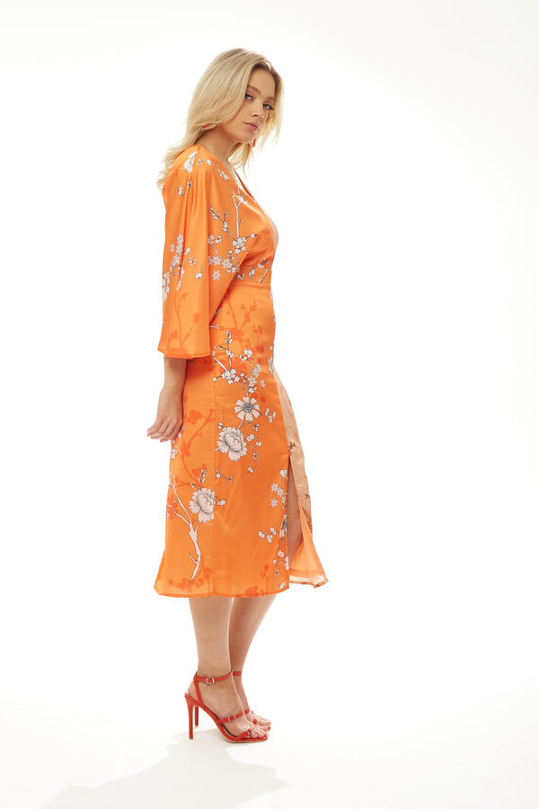Liquorish Women's Midi Dress With Long Kimono Sleeves In Orange Oriental Print - Liquorish