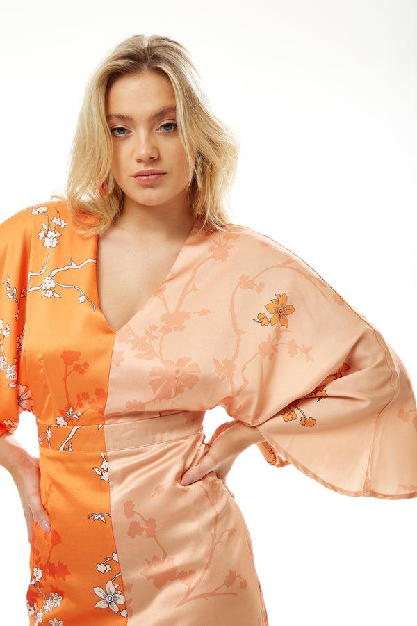 Liquorish Women's Midi Dress With Long Kimono Sleeves In Orange Oriental Print - Liquorish