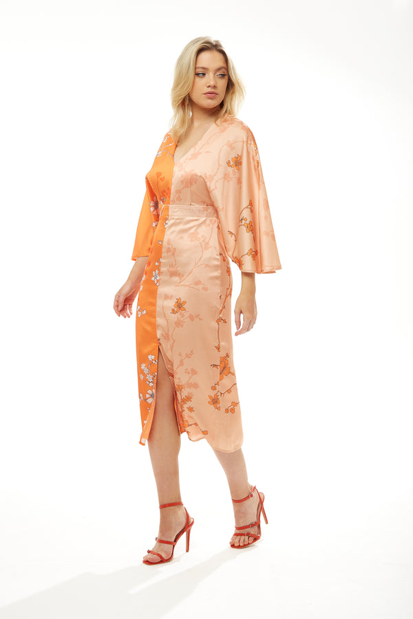 Liquorish Women's Midi Dress with Long Kimono Sleeves in Orange Oriental Print - Liquorish