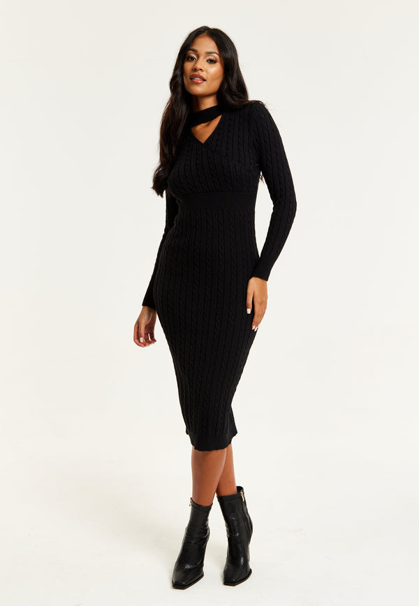 Liquorish Women's Midi Dress with Long Sleeves and Cut Out Front in Black - Cable Knit Style by Liquorish