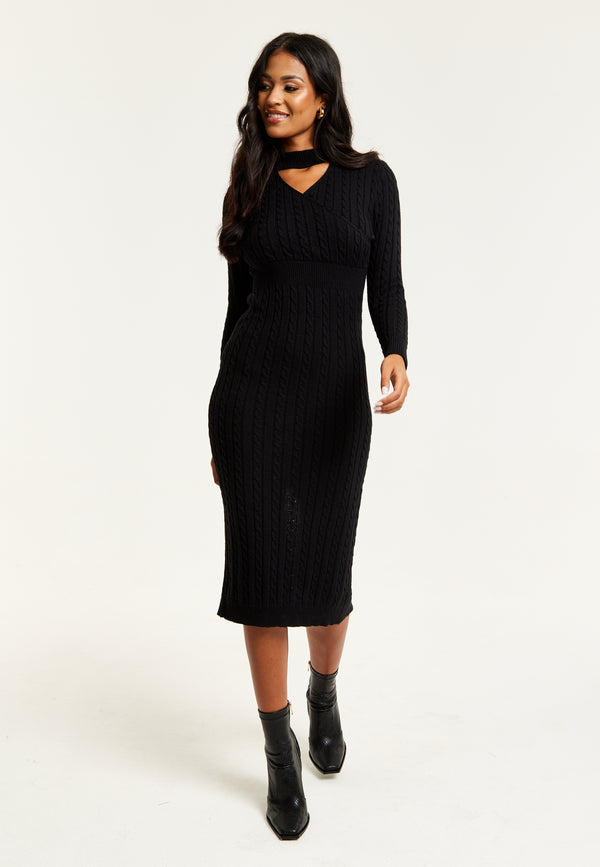 Liquorish Women's Midi Dress With Long Sleeves And Cut Out Front In Black - Cable Knit Style By Liquorish