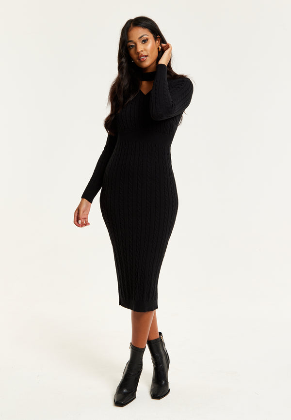 Liquorish Women's Midi Dress With Long Sleeves And Cut Out Front In Black - Cable Knit Style By Liquorish