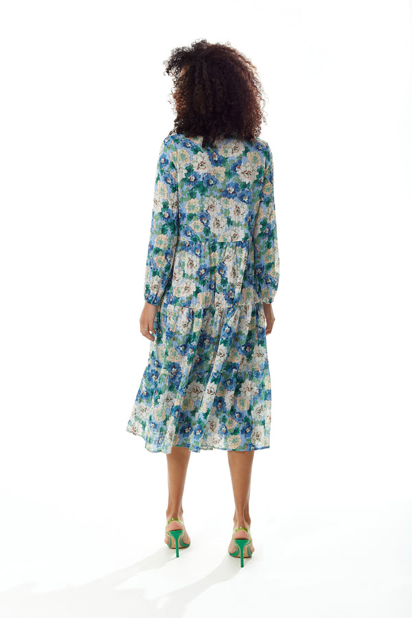 Liquorish Women's Midi Dress With Long Sleeves - Divine Grace Blue Floral Smock Style - Relaxed Fit Tie Neck - Liquorish