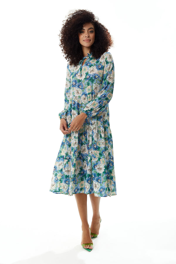 Liquorish Women's Midi Dress With Long Sleeves - Divine Grace Blue Floral Smock Style - Relaxed Fit Tie Neck - Liquorish