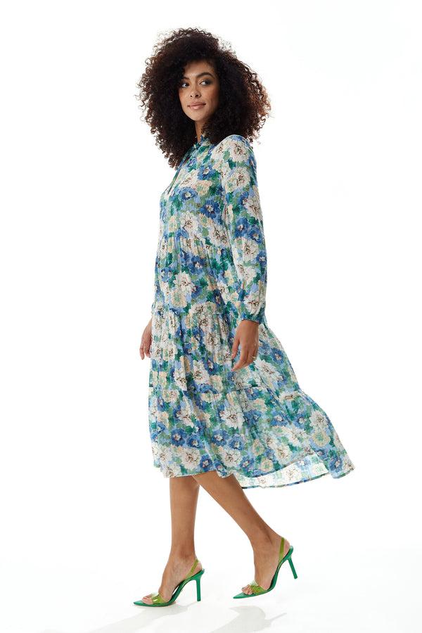 Liquorish Women's Midi Dress With Long Sleeves - Divine Grace Blue Floral Smock Style - Relaxed Fit Tie Neck - Liquorish