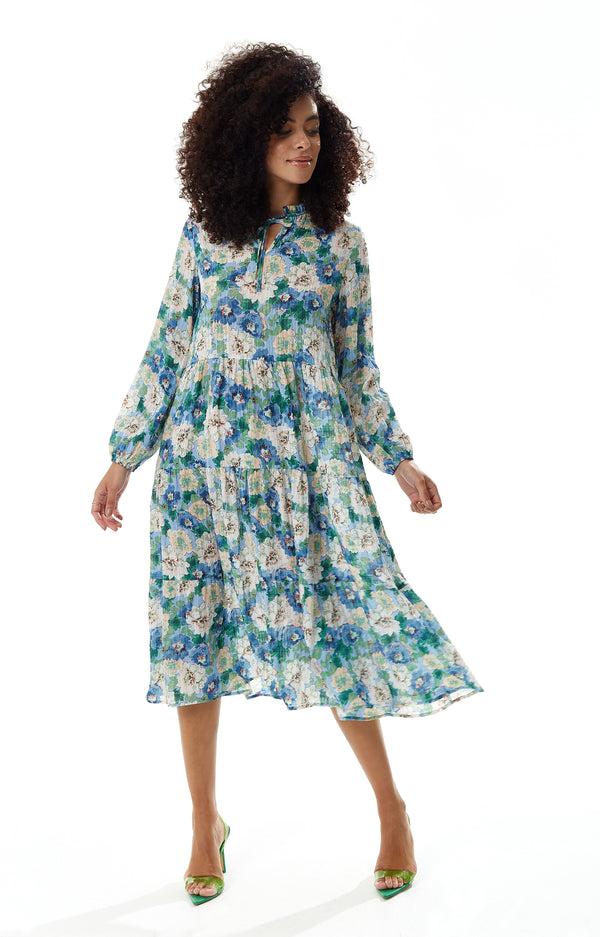 Liquorish Women's Midi Dress with Long Sleeves - Divine Grace Blue Floral Smock Style - Relaxed Fit Tie Neck - Liquorish