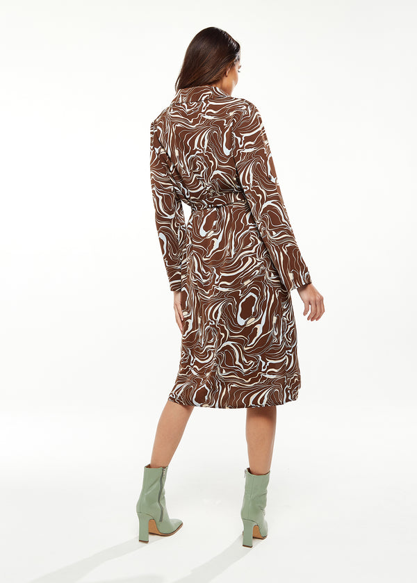 Liquorish Women’s Midi Dress With Long Sleeves In Brown - Stylish Scribble Print By Liquorish