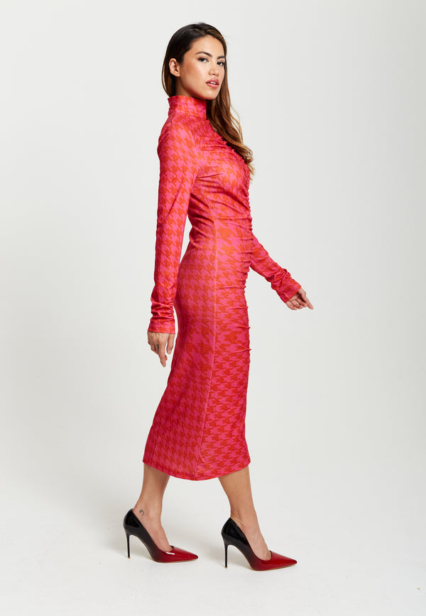 Liquorish Women’s Midi Dress With Long Sleeves In Distorted Houndstooth Print And Ruching Detail - Liquorish