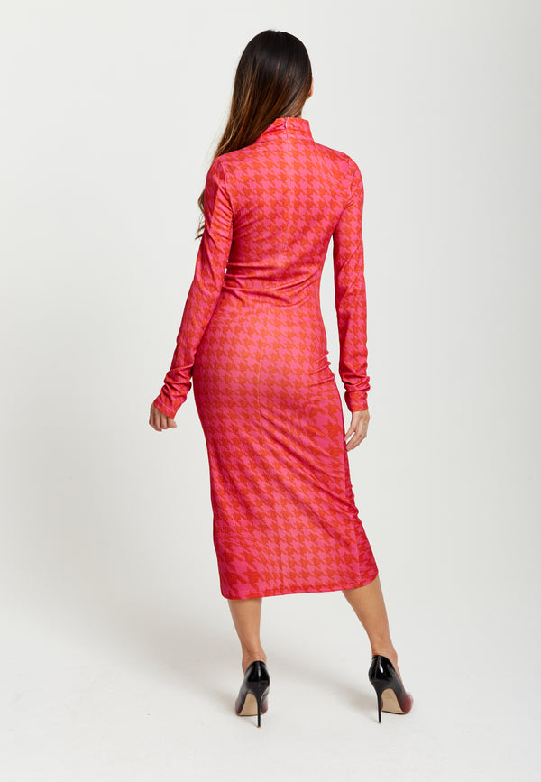 Liquorish Women’s Midi Dress With Long Sleeves In Distorted Houndstooth Print And Ruching Detail - Liquorish