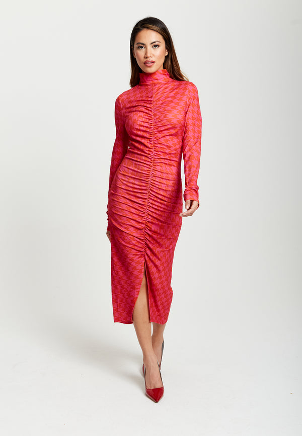 Liquorish Women’s Midi Dress with Long Sleeves in Distorted Houndstooth Print and Ruching Detail - Liquorish
