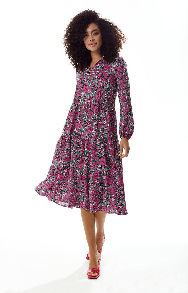 Liquorish Women's Midi Dress With Long Sleeves In Divine Grace Purple Floral Smock Style By Liquorish
