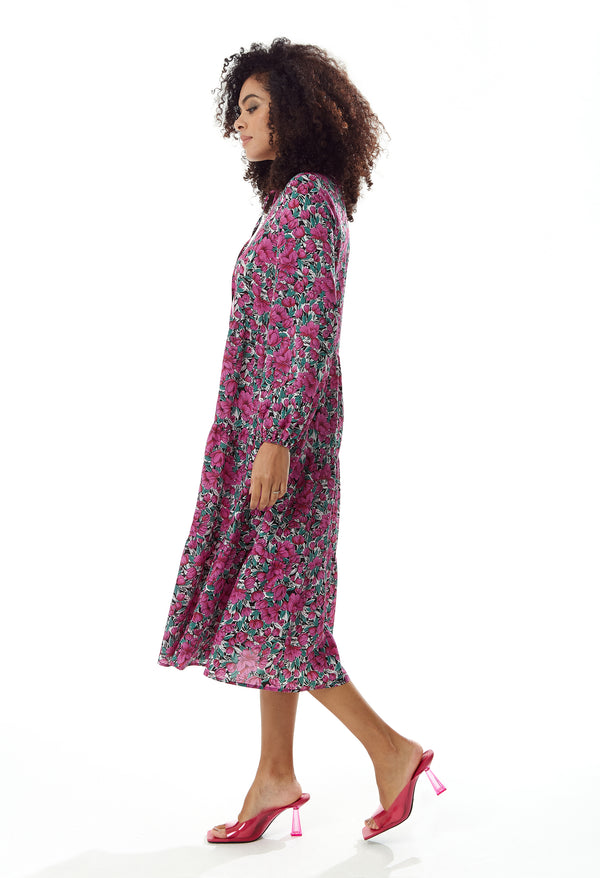 Liquorish Women's Midi Dress With Long Sleeves In Divine Grace Purple Floral Smock Style By Liquorish