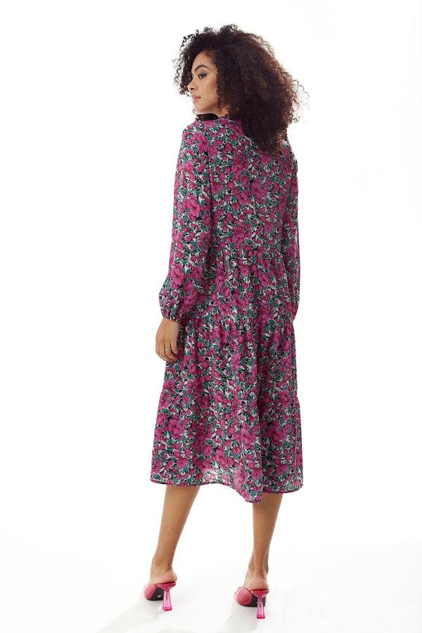 Liquorish Women's Midi Dress With Long Sleeves In Divine Grace Purple Floral Smock Style By Liquorish