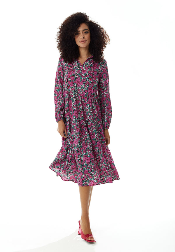 Liquorish Women's Midi Dress with Long Sleeves in Divine Grace Purple Floral Smock Style by Liquorish