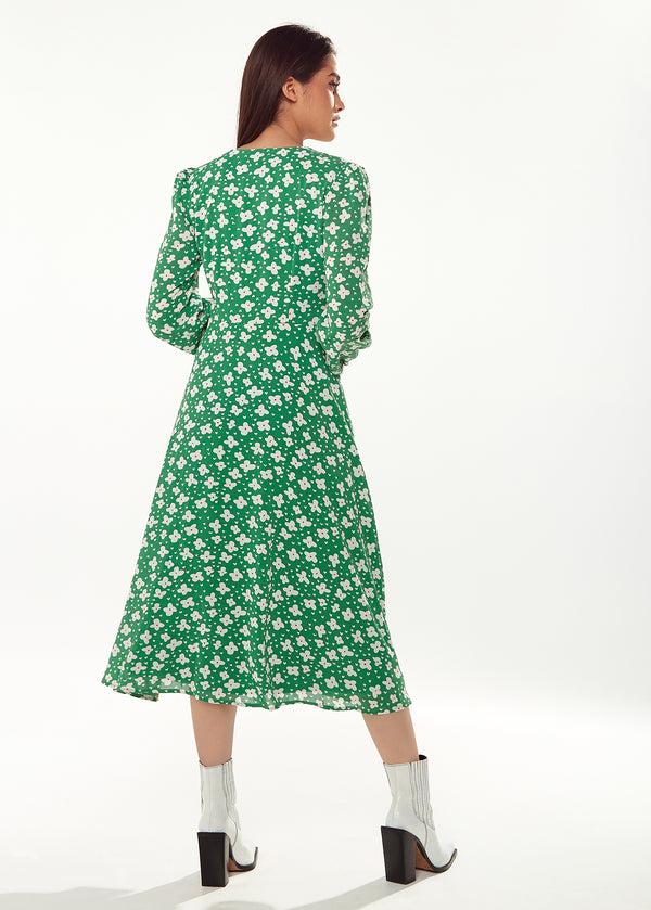 Liquorish Women's Midi Dress With Long Sleeves In Green - Floral & Heart Print By Liquorish