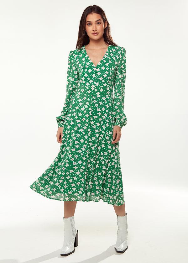 Liquorish Women's Midi Dress With Long Sleeves In Green - Floral & Heart Print By Liquorish