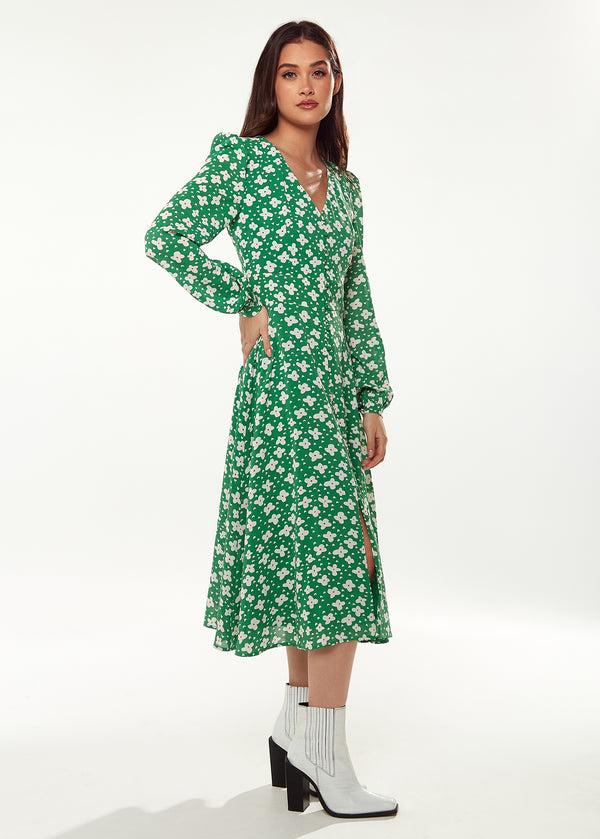 Liquorish Women's Midi Dress With Long Sleeves In Green - Floral & Heart Print By Liquorish