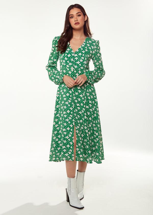 Liquorish Women's Midi Dress with Long Sleeves in Green - Floral & Heart Print by Liquorish