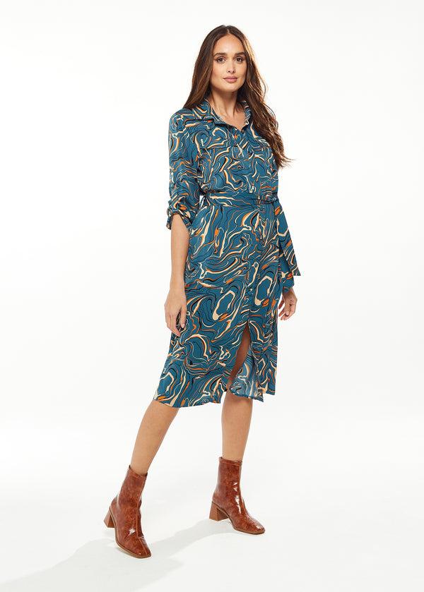 Liquorish Women's Midi Dress With Long Sleeves In Green - Scribble Print Design By Liquorish