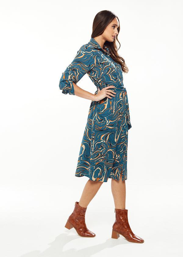Liquorish Women's Midi Dress With Long Sleeves In Green - Scribble Print Design By Liquorish