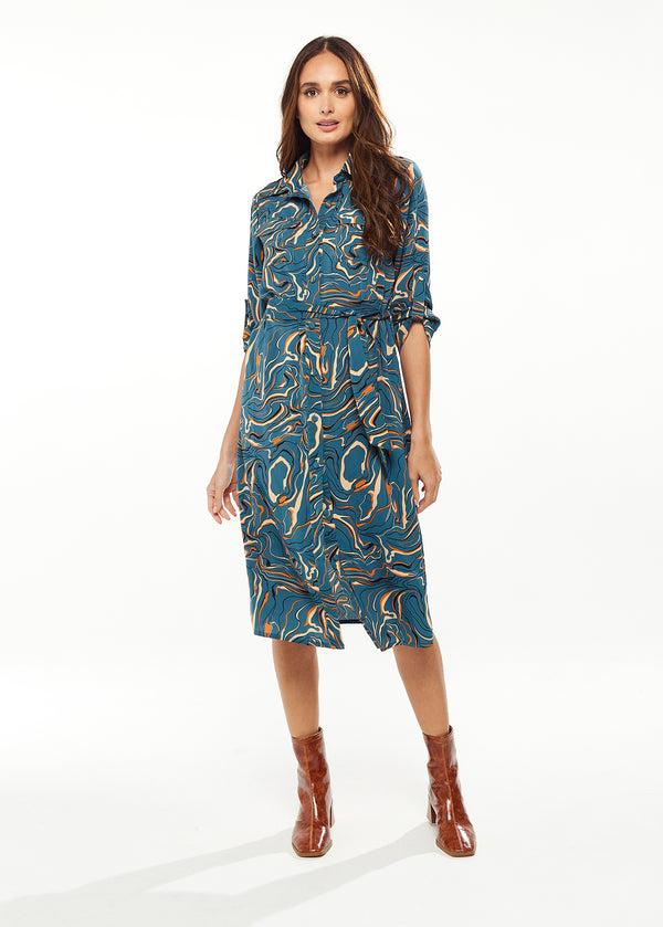Liquorish Women's Midi Dress with Long Sleeves in Green - Scribble Print Design by Liquorish