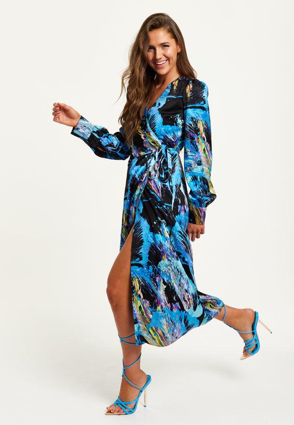 Liquorish Women's Midi Dress With Long Sleeves In Multicolour Abstract Print - Stylish Wrap Design By Liquorish
