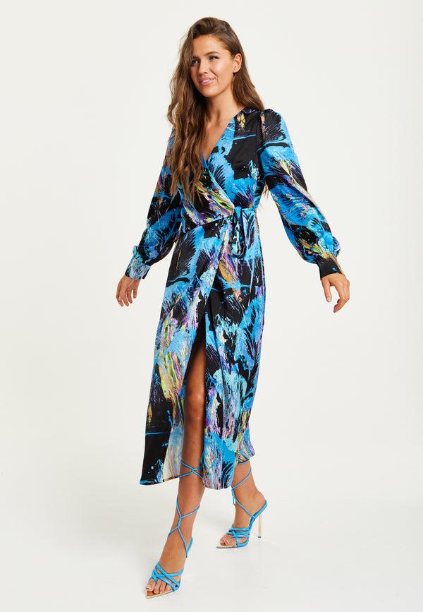 Liquorish Women's Midi Dress With Long Sleeves In Multicolour Abstract Print - Stylish Wrap Design By Liquorish