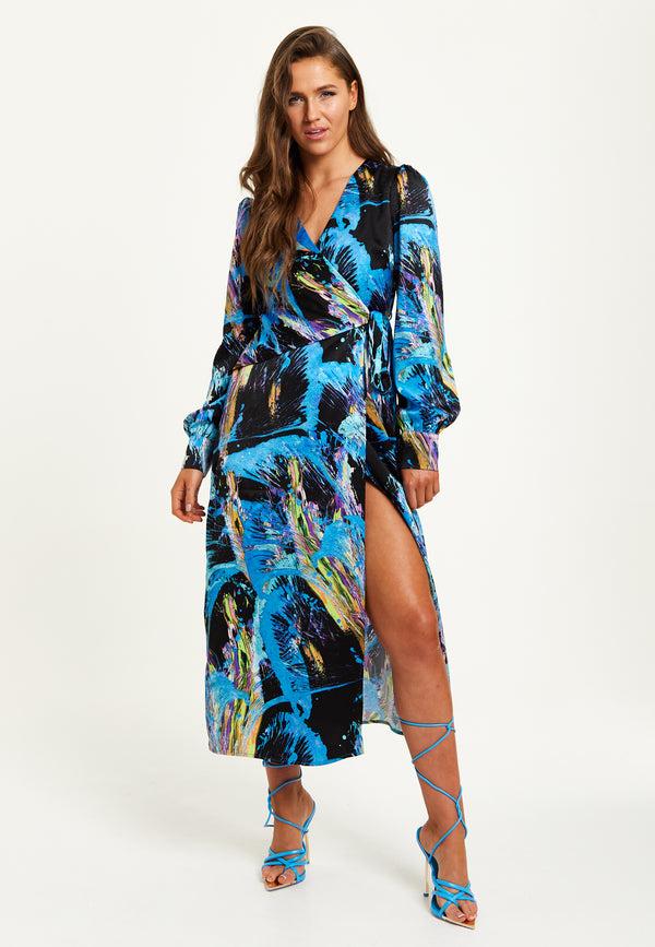 Liquorish Women's Midi Dress with Long Sleeves in Multicolour Abstract Print - Stylish Wrap Design by Liquorish