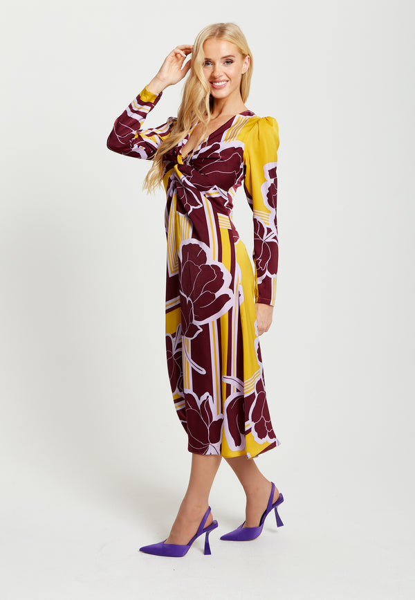 Liquorish Women's Midi Dress With Long Sleeves In Mustard And Burgundy - Geometric Floral Print By Liquorish