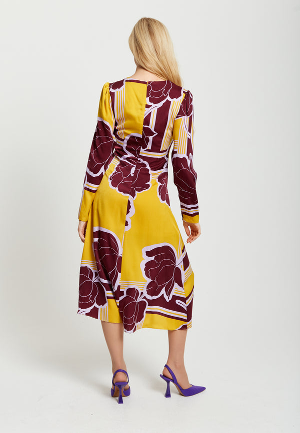 Liquorish Women's Midi Dress With Long Sleeves In Mustard And Burgundy - Geometric Floral Print By Liquorish