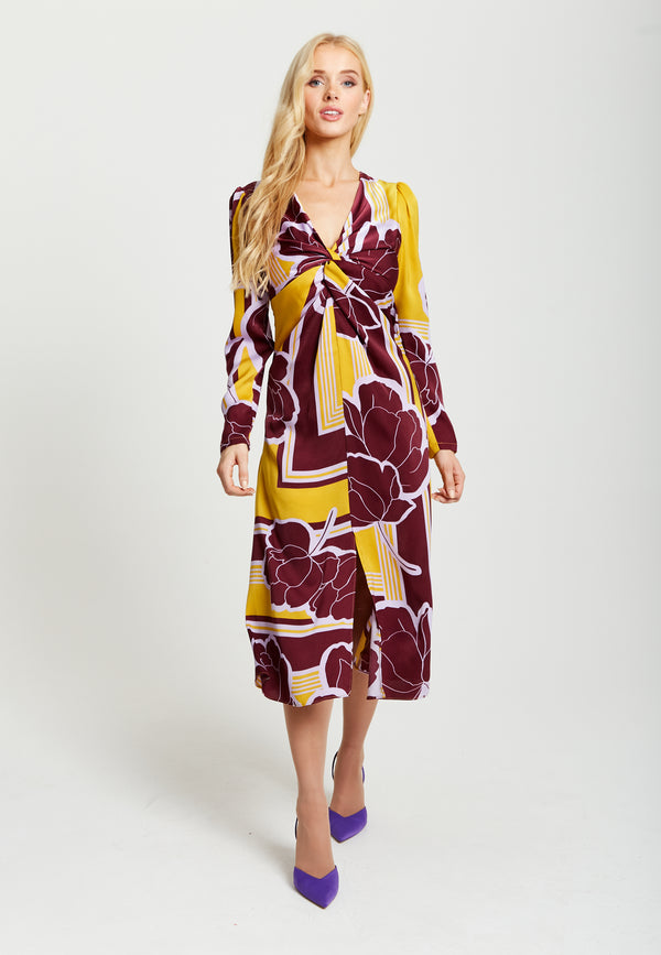 Liquorish Women's Midi Dress with Long Sleeves in Mustard and Burgundy - Geometric Floral Print by Liquorish