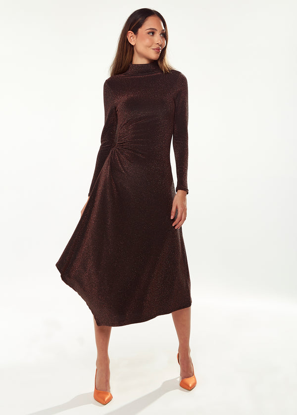 Liquorish Women's Midi Dress With Long Sleeves In Sparkly Bronze - Exclusive Liquorish