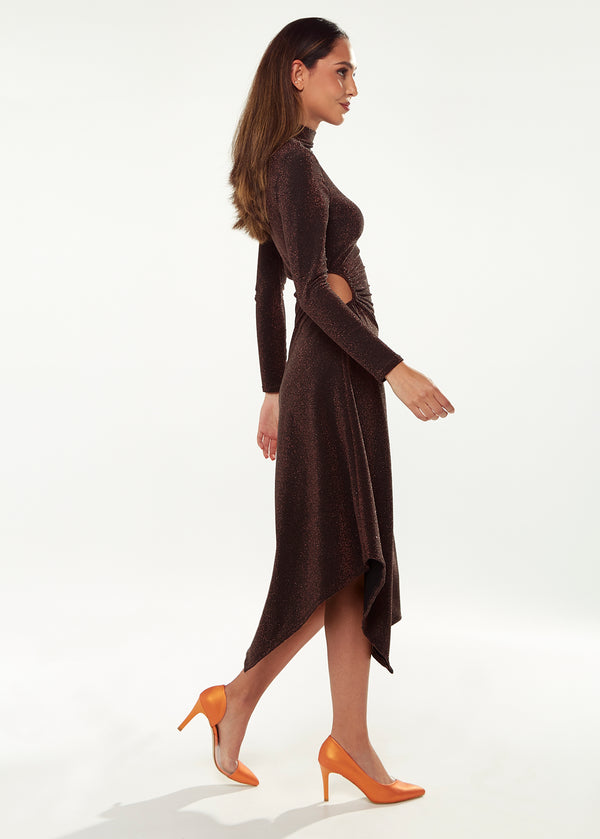 Liquorish Women's Midi Dress With Long Sleeves In Sparkly Bronze - Exclusive Liquorish